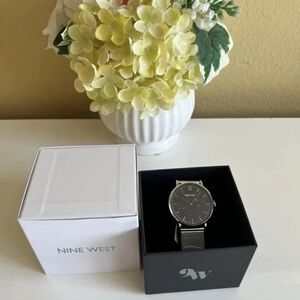 Nine West Mens Asher Watch NWW1620M Stainless Mesh Band Black Face.